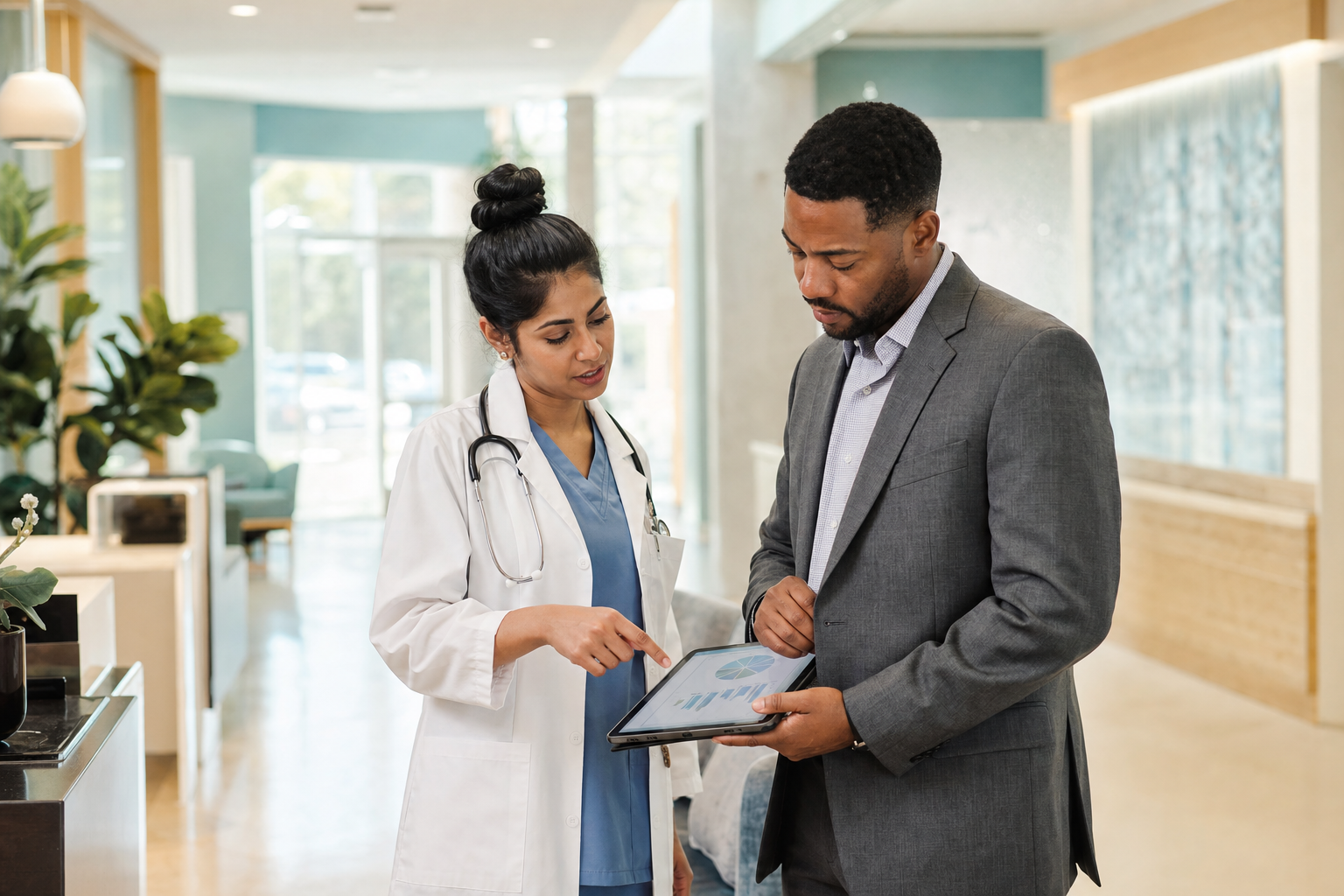 Physician and practice manager reviewing billing performance on a tablet in a clinic